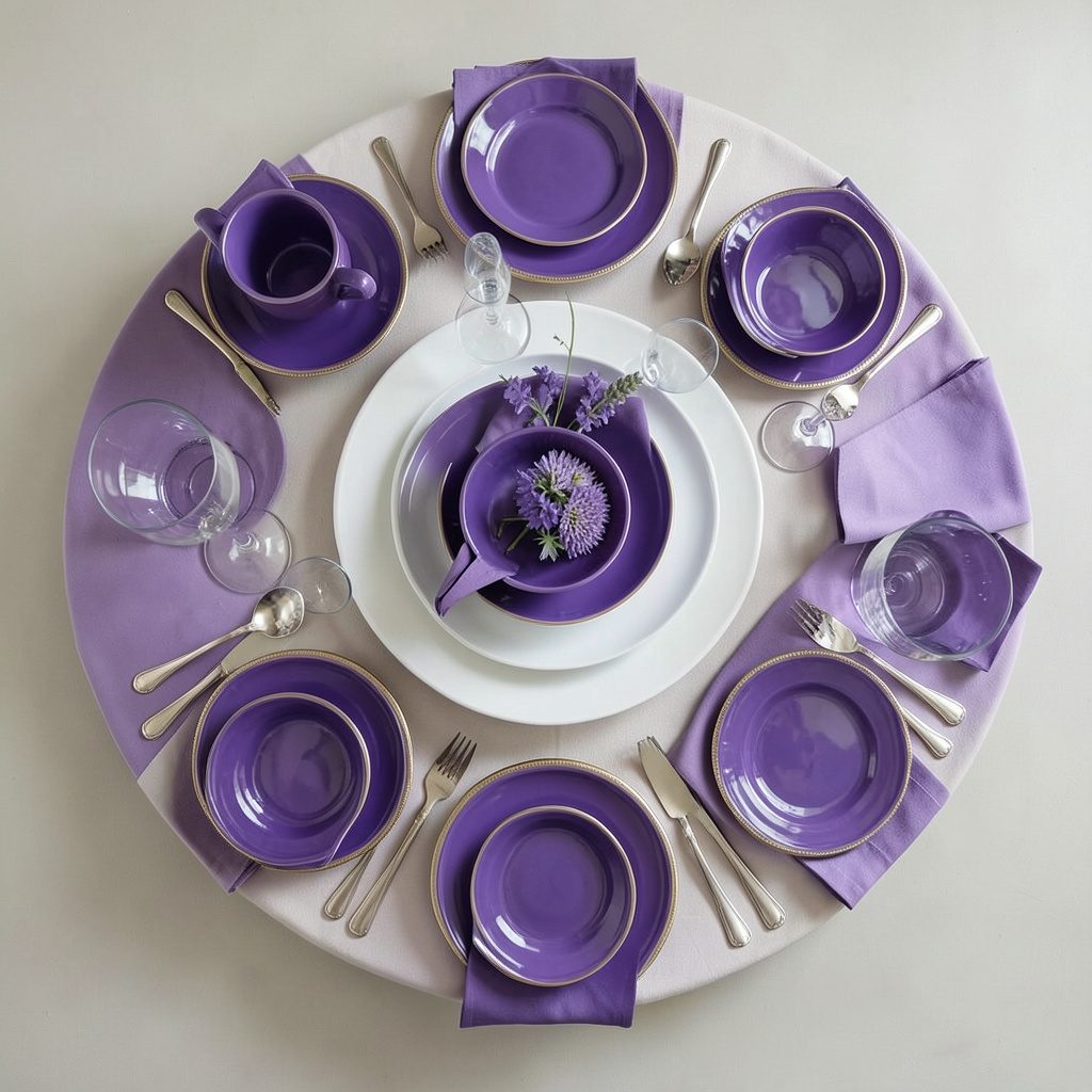 Overhead flat-lay photograph of a round dining table with a warm, restrained home interior palette and an inviting, calm mood